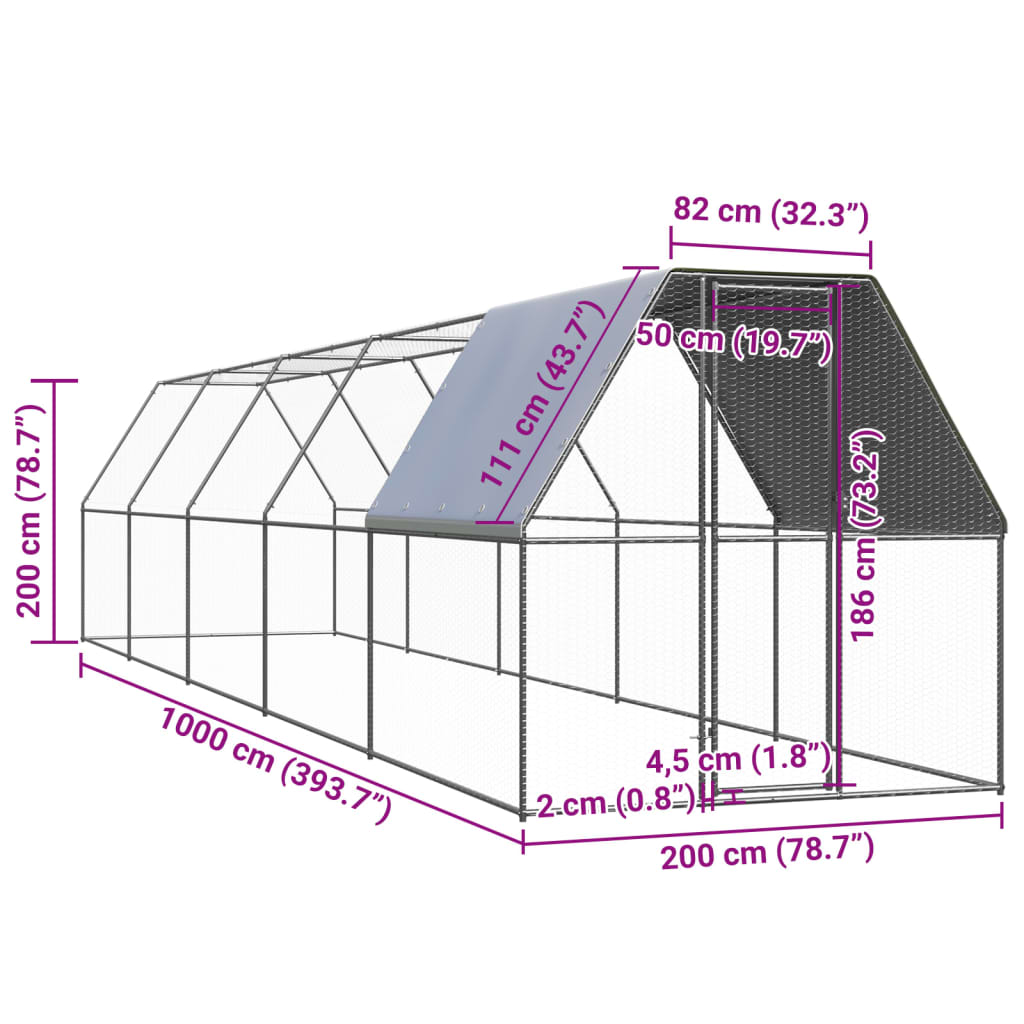 Outdoor chicken coop 2x10x2 m galvanized steel