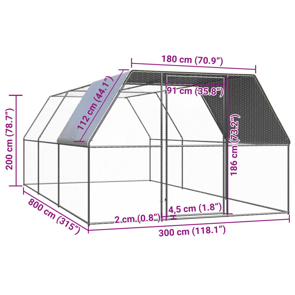 Outdoor chicken coop 3x8x2 m galvanized steel