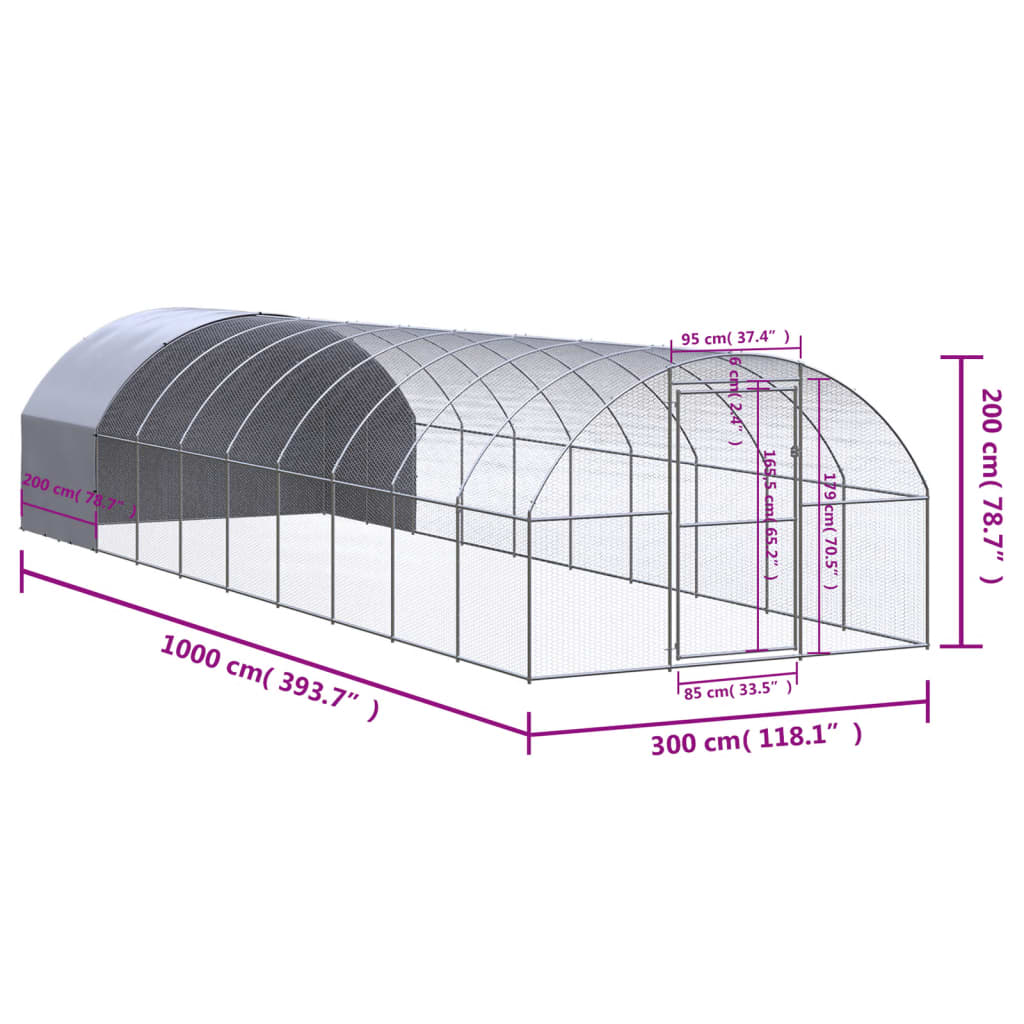 Outdoor chicken coop 3x10x2 m galvanized steel