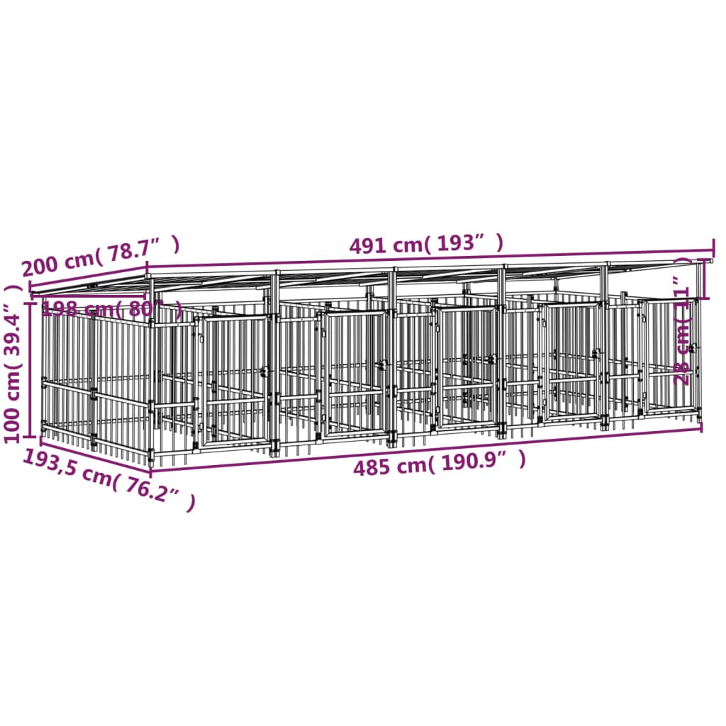 Koiran ulkohäkki katoksella teräs 9,38 m²
