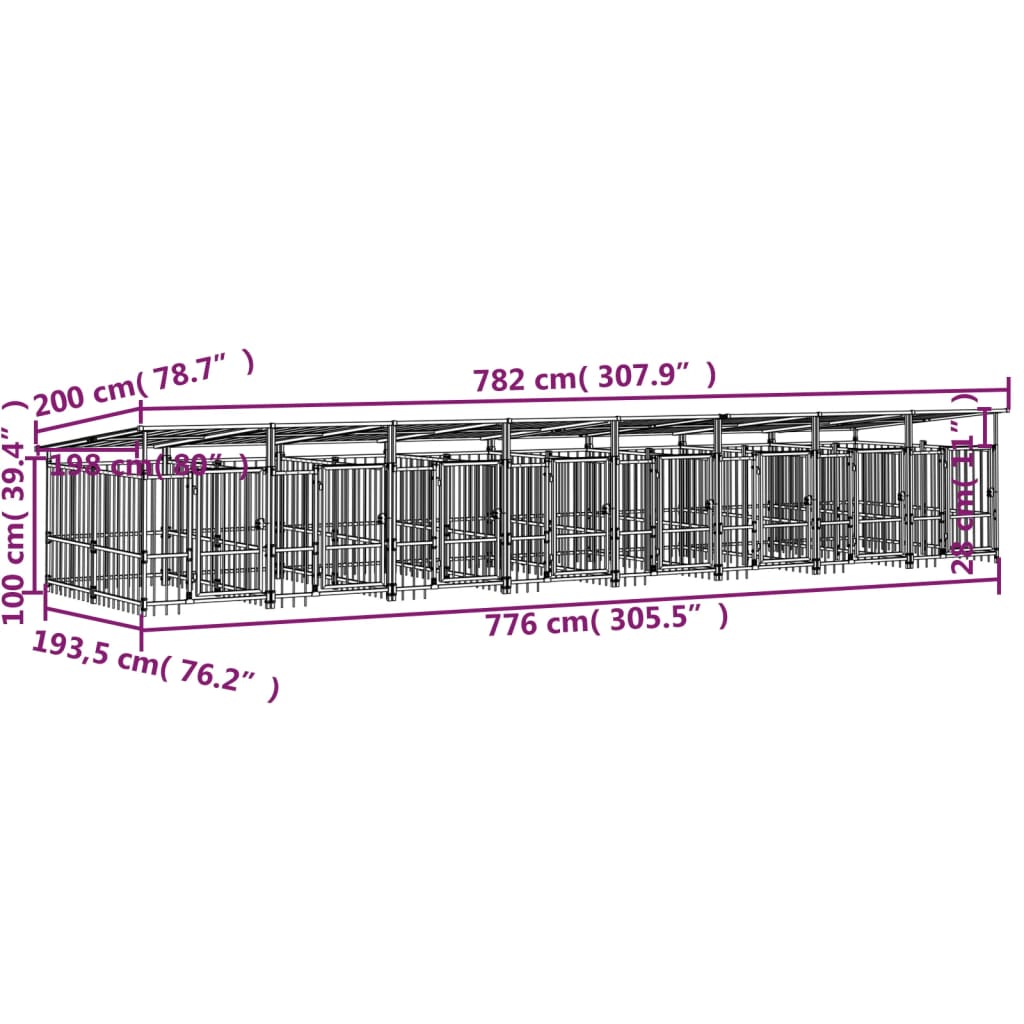 Outdoor dog cage with canopy, steel, 15.02 m²
