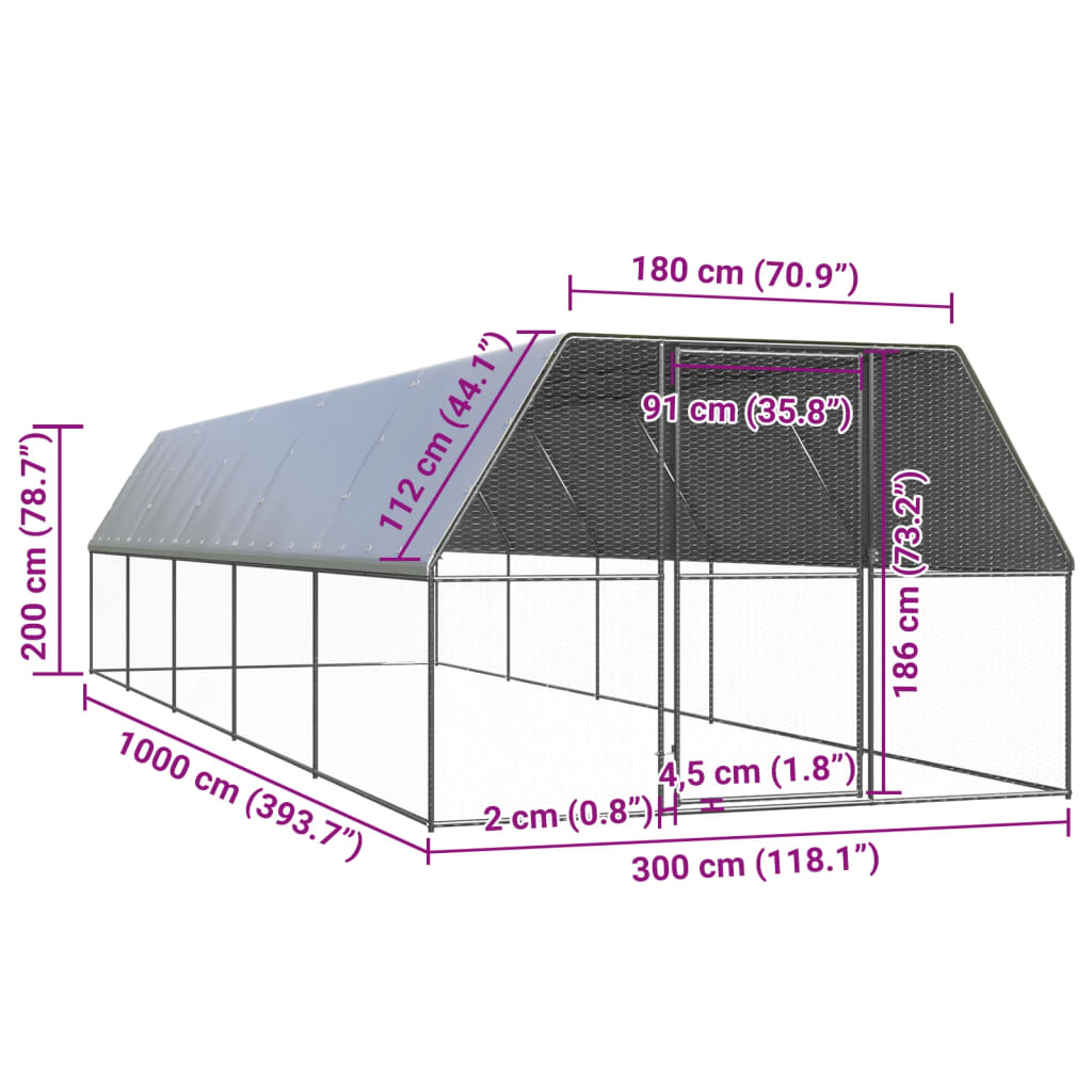 Outdoor chicken coop 3x10x2 m galvanized steel