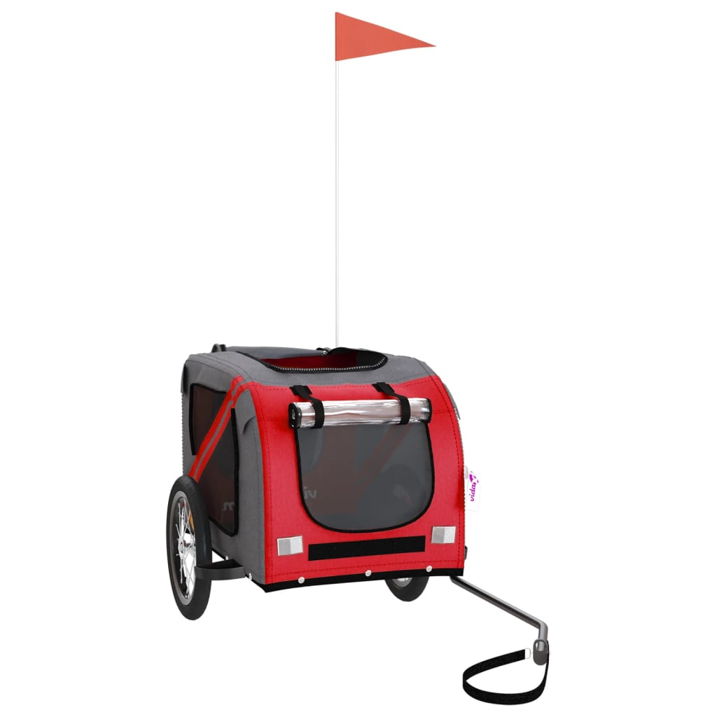 Pet transport trailer for bicycle, red-gray fabric and iron