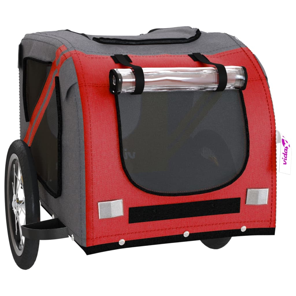 Pet transport trailer for bicycle, red-gray fabric and iron