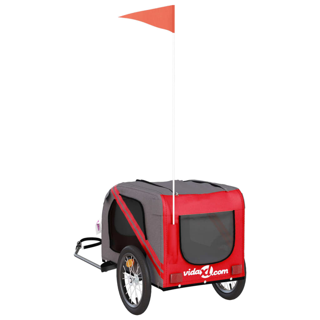 Pet transport trailer for bicycle, red-gray fabric and iron