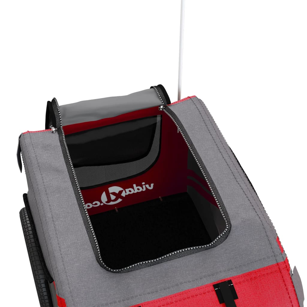 Pet transport trailer for bicycle, red-gray fabric and iron