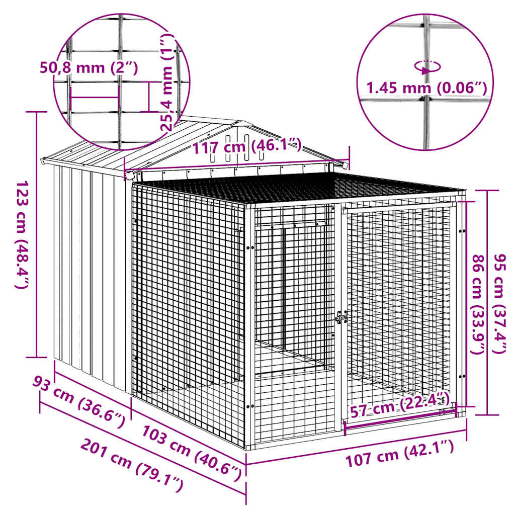Chicken coop/outdoor area, grey, 117x201x123 cm, galvanized steel