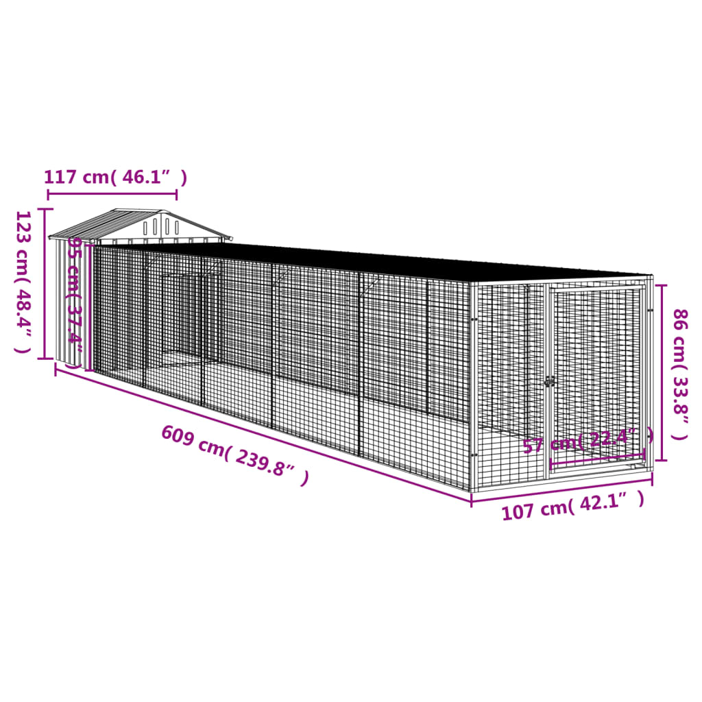 Chicken coop/outdoor area, grey, 117x609x123 cm, galvanized steel