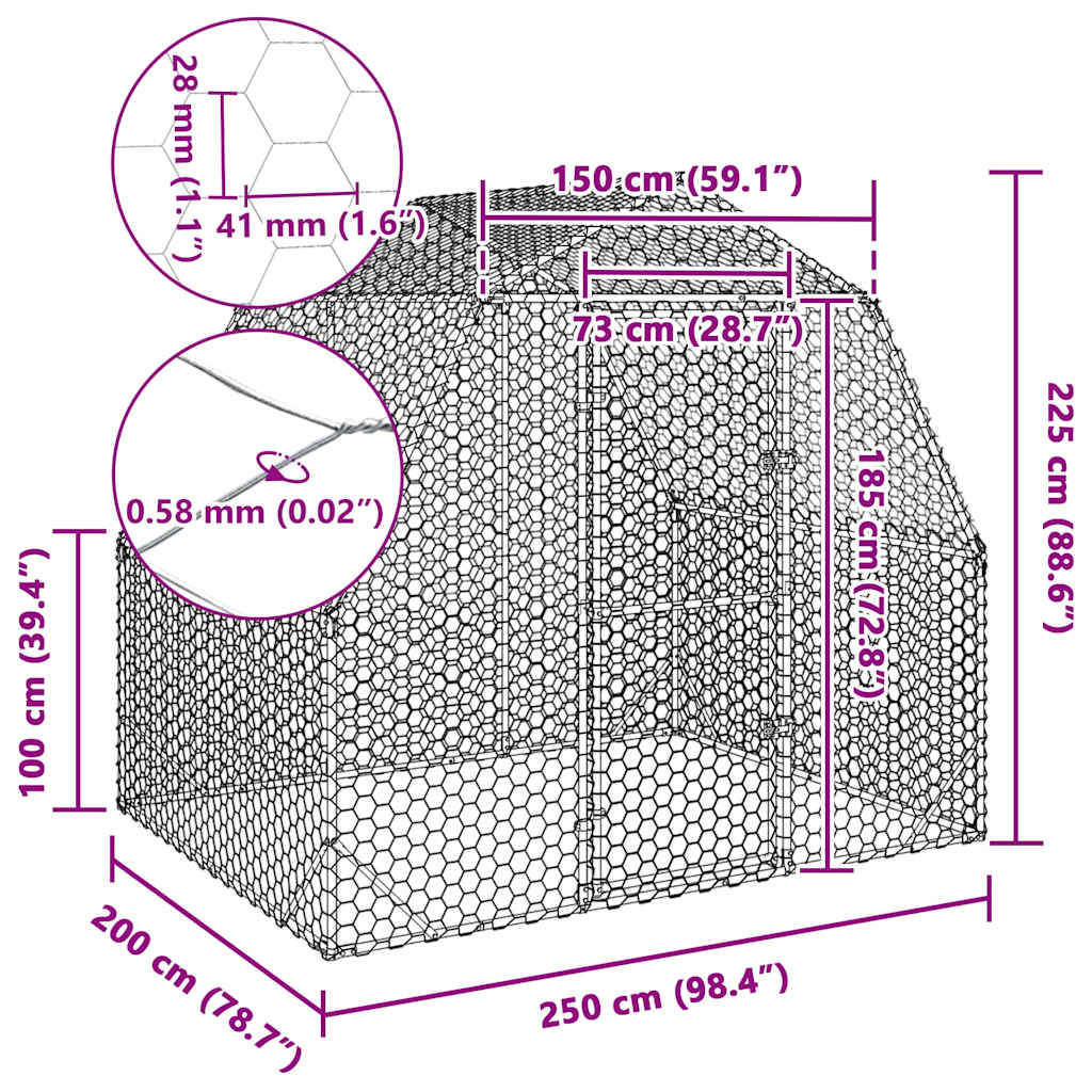 Chicken run 2.5x2x2.25 m galvanized steel