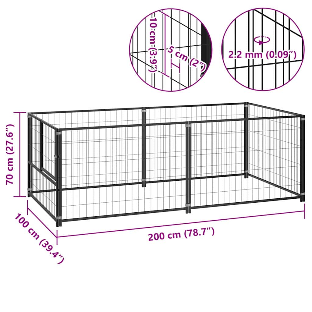 Dog cage black 200x100x70 cm steel