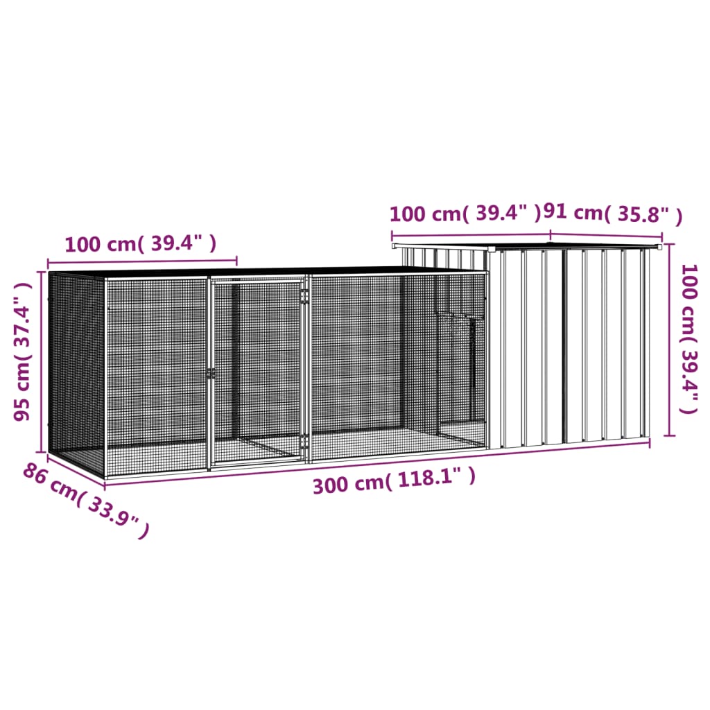 Chicken coop grey 300x91x100 cm galvanized steel