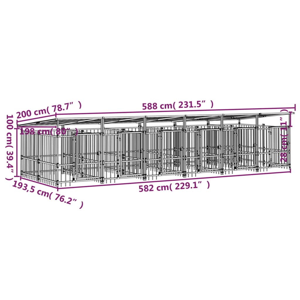 Outdoor dog cage with canopy, steel, 11.26 m²