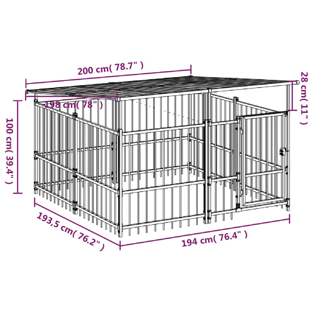 Outdoor dog cage with canopy, steel, 3.75 m²