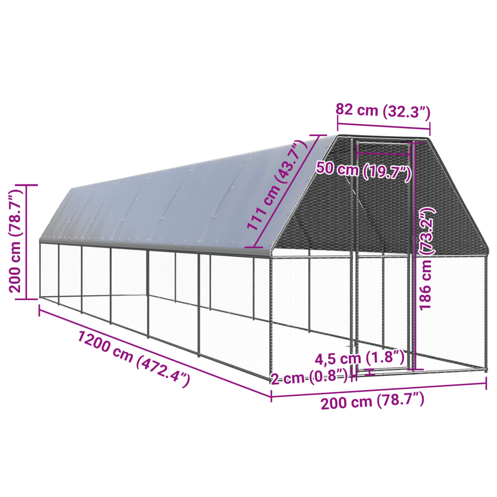 Outdoor chicken coop 2x12x2 m galvanized steel
