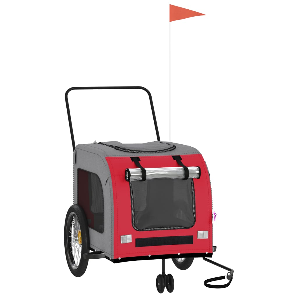 Pet transport trailer for bicycle, red-gray fabric and iron