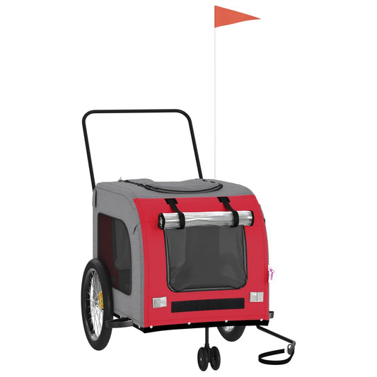 Pet transport trailer for bicycle, red-gray fabric and iron