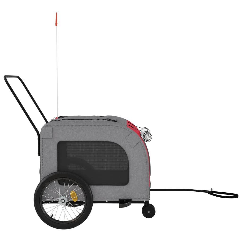 Pet transport trailer for bicycle, red-gray fabric and iron