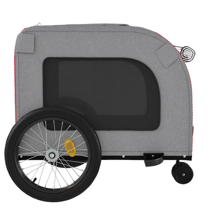 Pet transport trailer for bicycle, red-gray fabric and iron