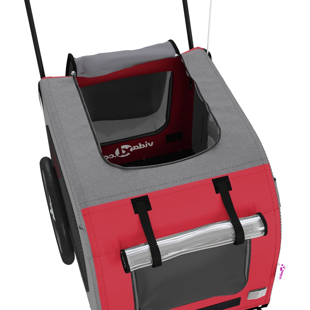 Pet transport trailer for bicycle, red-gray fabric and iron