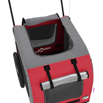 Pet transport trailer for bicycle, red-gray fabric and iron