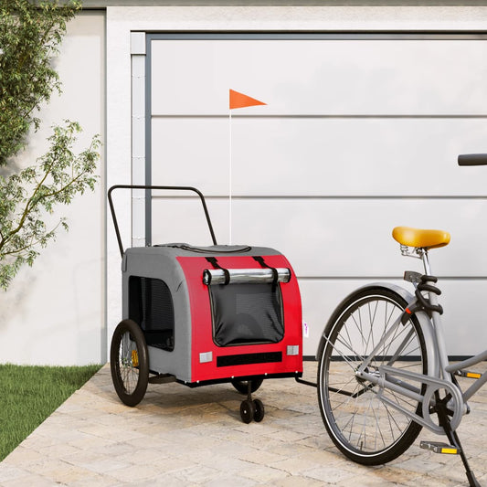 Pet transport trailer for bicycle, red-gray fabric and iron