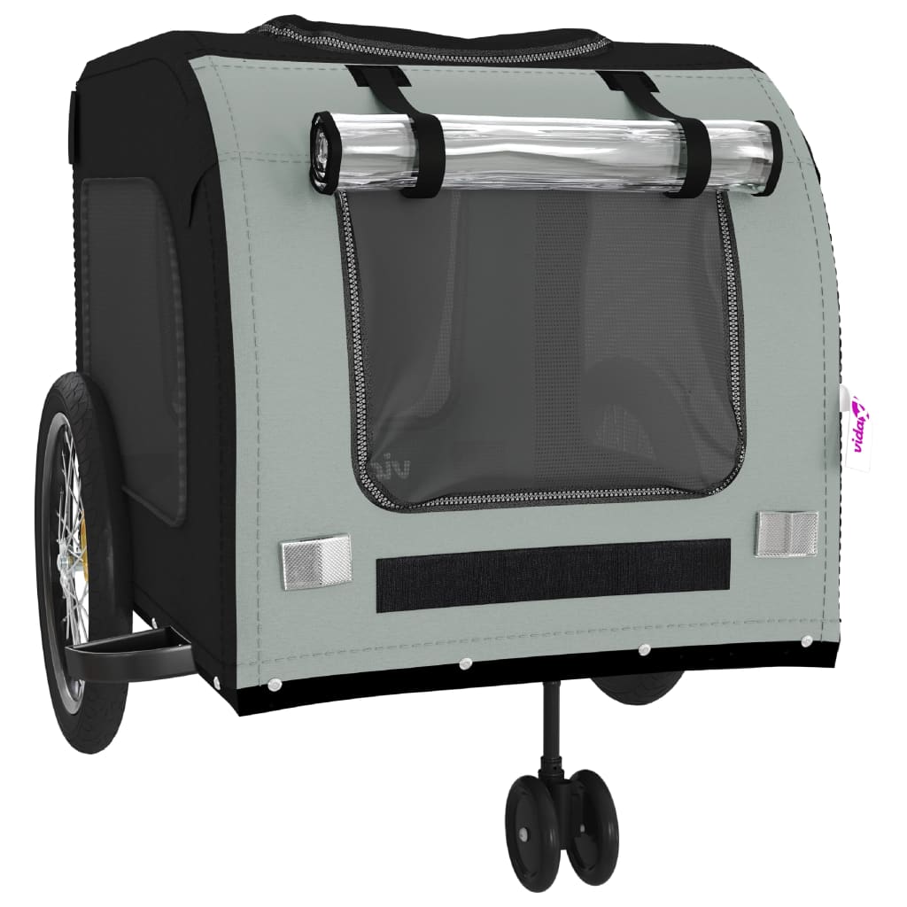 Pet transport trailer for bicycle, black/grey fabric and iron