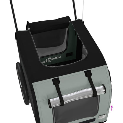Pet transport trailer for bicycle, black/grey fabric and iron