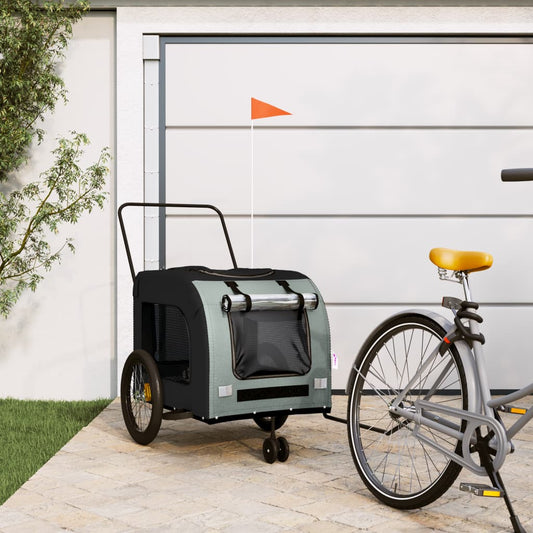 Pet transport trailer for bicycle, black/grey fabric and iron