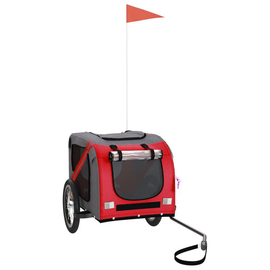 Pet transport trailer for bicycle, red-gray fabric and iron