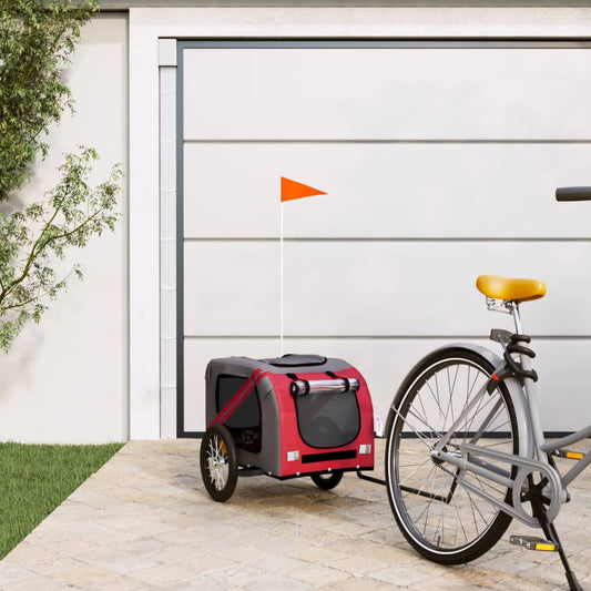 Pet transport trailer for bicycle, red-gray fabric and iron