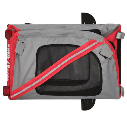 Pet transport trailer for bicycle, red/black fabric and iron