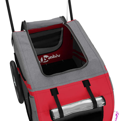 Pet transport trailer for bicycle, red/black fabric and iron