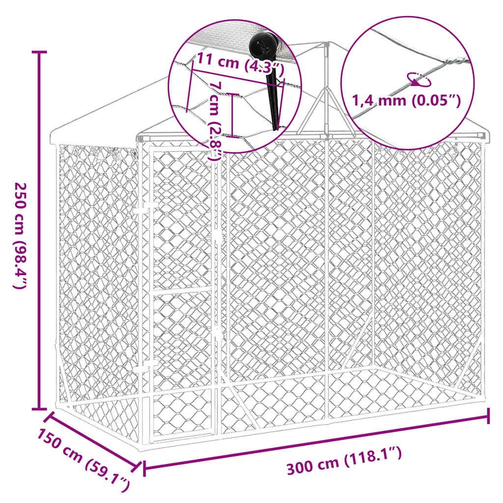 Outdoor dog cage with roof silver 3x1.5x2.5 m galvanized steel
