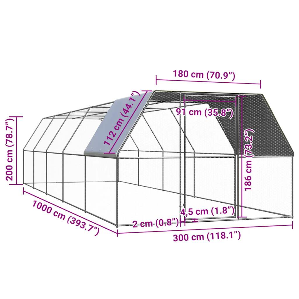 Chicken coop 3x10x2 m galvanized steel