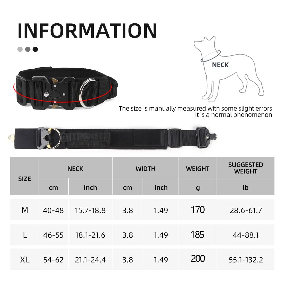 Taktinen vahva jykevä koiranpanta kahvalla, eri värejä / Tactical Dog Collar Rugged Zinc Alloy Buckle Outdoor Walks Dogs Collars Soft Lining Collar for Medium Big Dogs Pet Accessories
