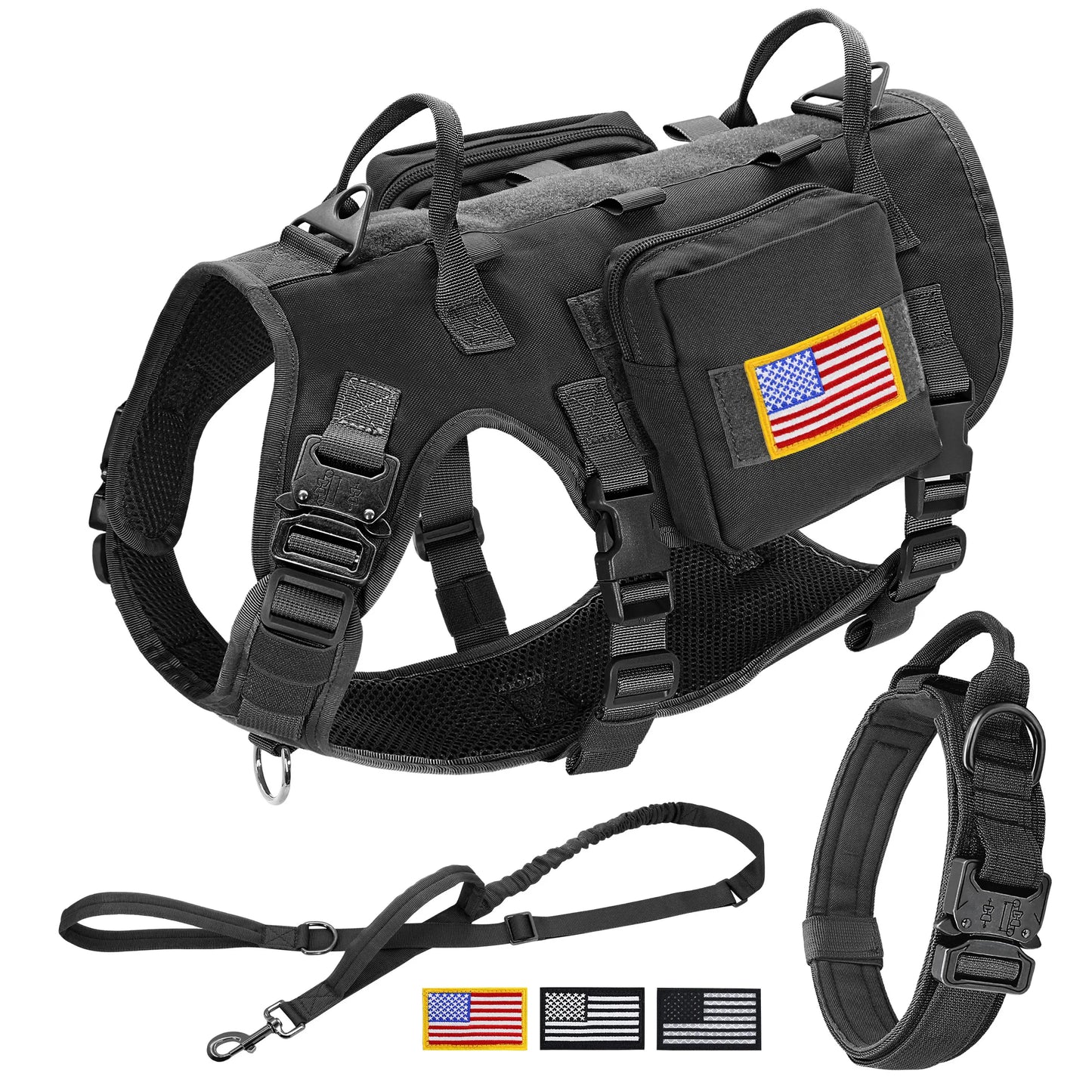 Taktiset valjaat armeija koiravaljaat, useita värejä  / Tactical Military Dog Harness Collar Leash Set Durable Big Dog Training Harness Vest MOLLE For Large Dogs With Pouches Flag