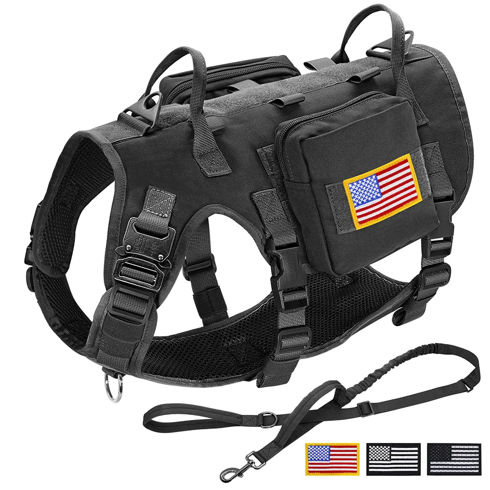 Taktiset valjaat armeija koiravaljaat, useita värejä  / Tactical Military Dog Harness Collar Leash Set Durable Big Dog Training Harness Vest MOLLE For Large Dogs With Pouches Flag