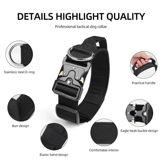 Taktinen vahva jykevä koiranpanta kahvalla, eri värejä / Tactical Dog Collar Rugged Zinc Alloy Buckle Outdoor Walks Dogs Collars Soft Lining Collar for Medium Big Dogs Pet Accessories