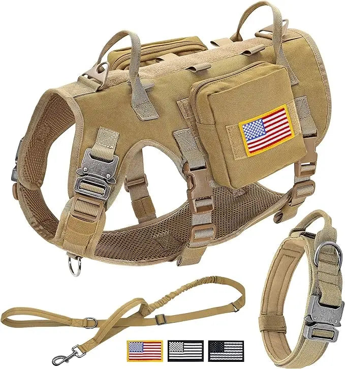 Taktiset valjaat armeija koiravaljaat, useita värejä  / Tactical Military Dog Harness Collar Leash Set Durable Big Dog Training Harness Vest MOLLE For Large Dogs With Pouches Flag