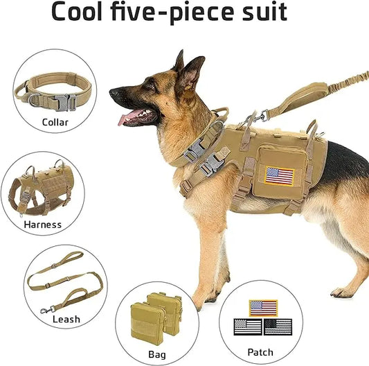 Taktiset valjaat armeija koiravaljaat, useita värejä  / Tactical Military Dog Harness Collar Leash Set Durable Big Dog Training Harness Vest MOLLE For Large Dogs With Pouches Flag