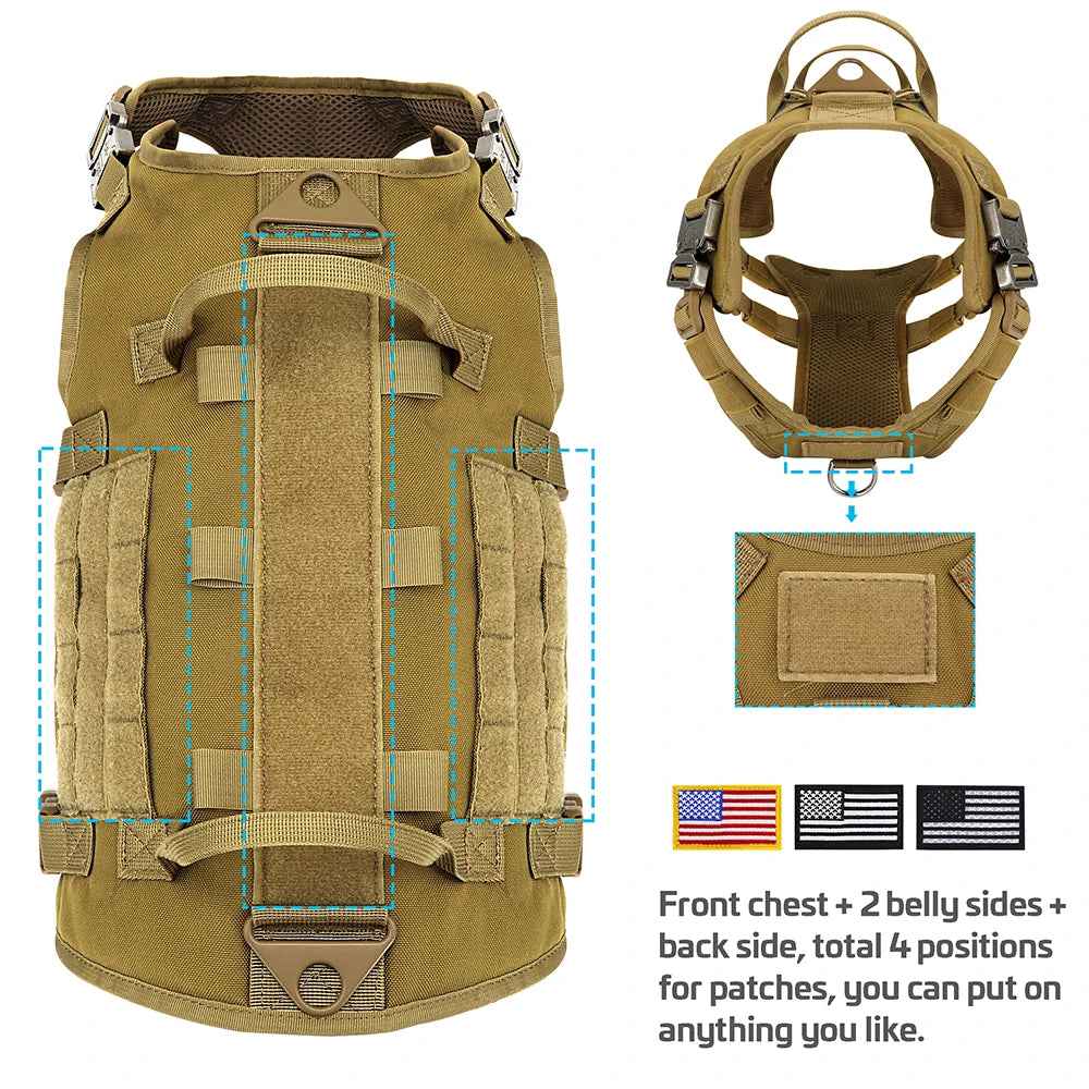 Taktiset valjaat armeija koiravaljaat, useita värejä  / Tactical Military Dog Harness Collar Leash Set Durable Big Dog Training Harness Vest MOLLE For Large Dogs With Pouches Flag