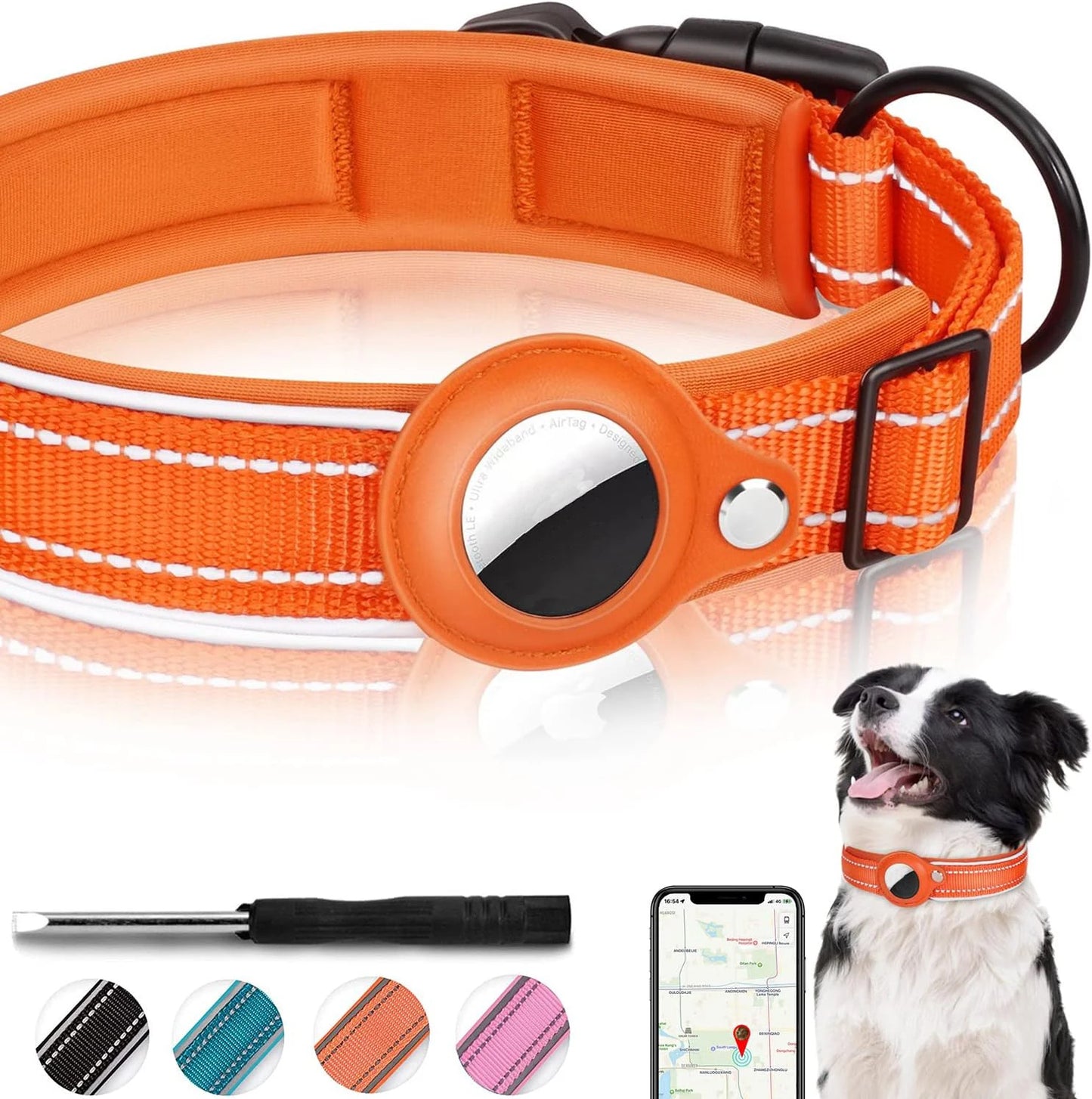 Airtag paikannuspanta, heijastava, jykevä, useita eri värejä / Reflective AirTag Dog Collar, Heavy Duty Dog Collar with Adjustable AirTag Holder Case Accessories for Small Medium Large Dogs