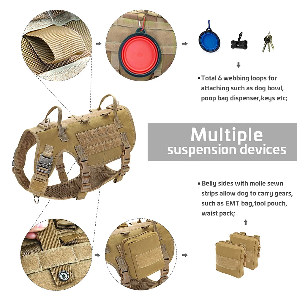 Taktiset valjaat armeija koiravaljaat, useita värejä  / Tactical Military Dog Harness Collar Leash Set Durable Big Dog Training Harness Vest MOLLE For Large Dogs With Pouches Flag