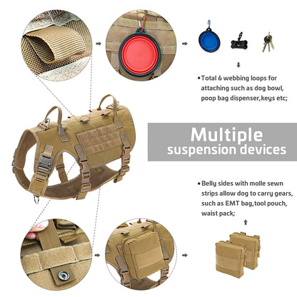 Taktiset valjaat armeija koiravaljaat, useita värejä  / Tactical Military Dog Harness Collar Leash Set Durable Big Dog Training Harness Vest MOLLE For Large Dogs With Pouches Flag